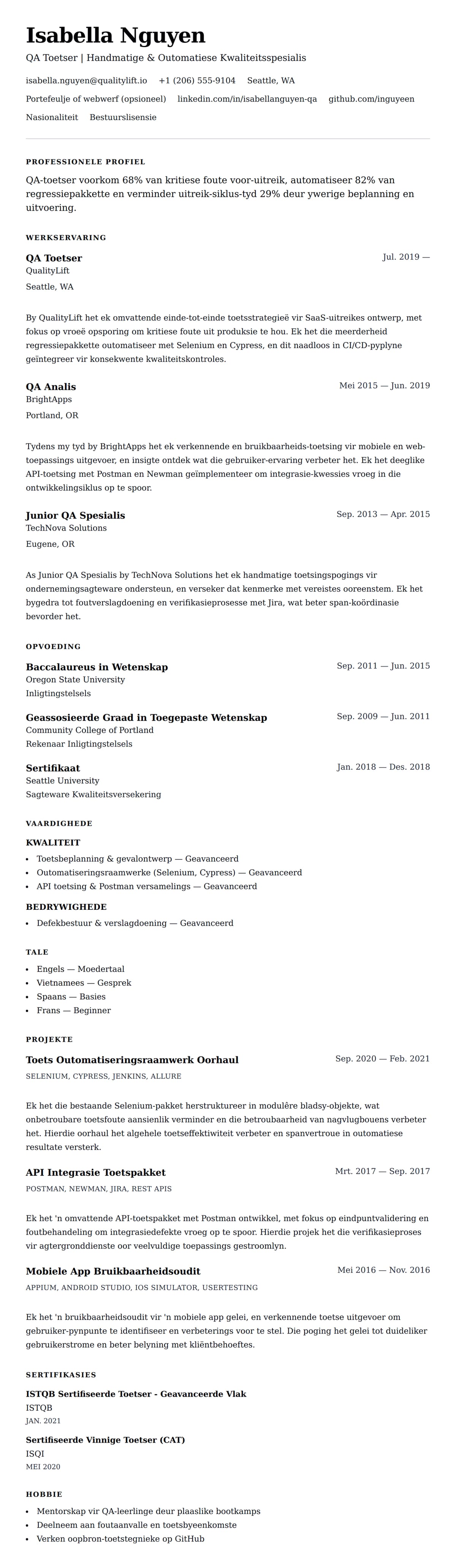 Leweensbeskrywing-vooruitskouk vir QA Toetser Leweensbeskrywing Voorbeeld