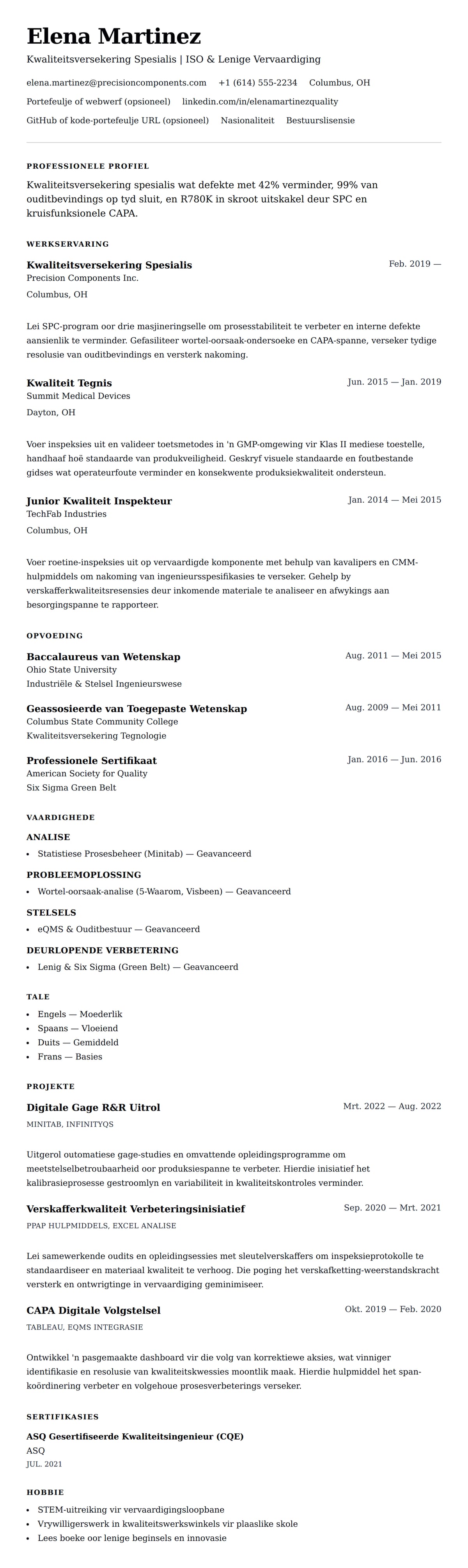 Leweensbeskrywing-vooruitskouk vir Kwaliteitsversekering Spesialis Lewenskrif Voorbeeld
