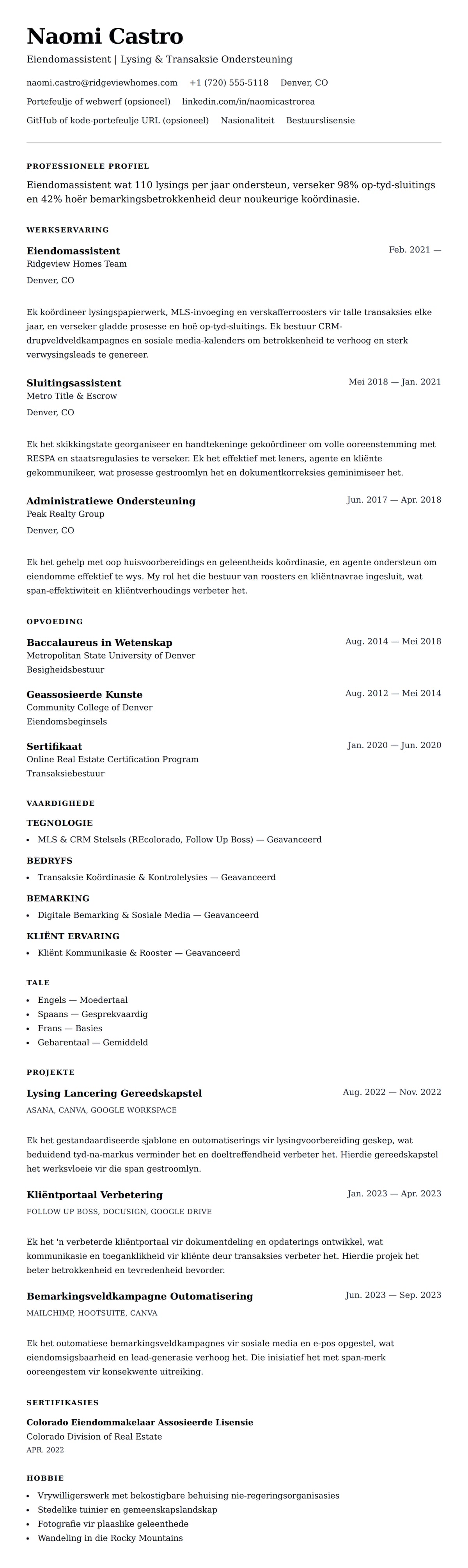 Leweensbeskrywing-vooruitskouk vir Eiendomassistent CV Voorbeeld