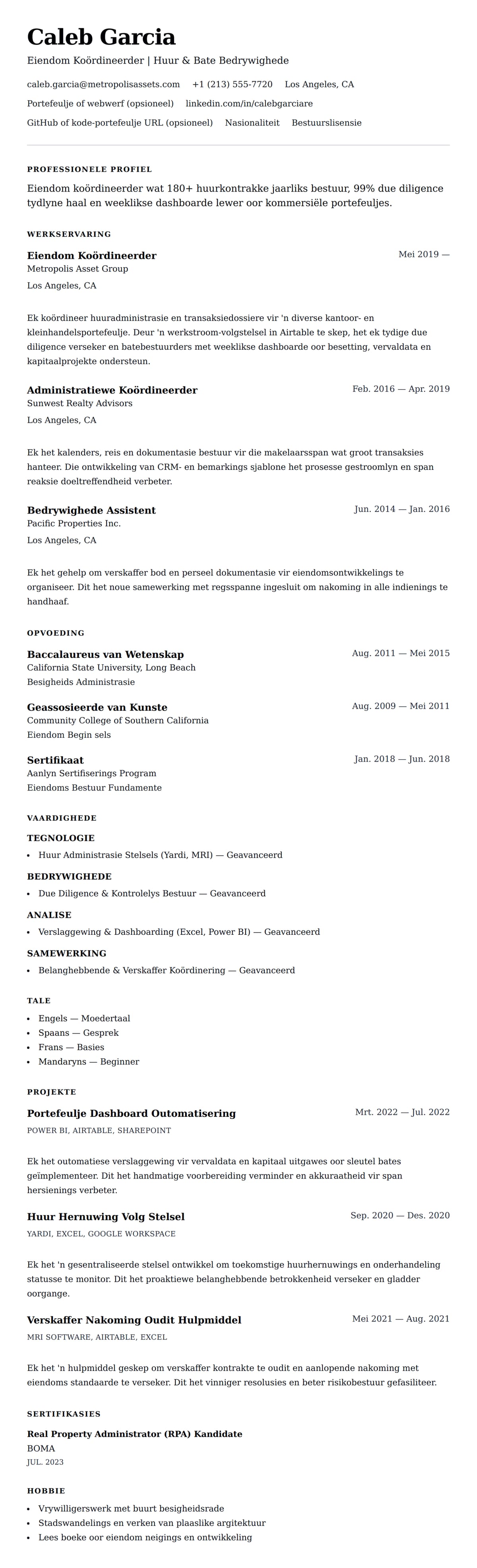 Leweensbeskrywing-vooruitskouk vir Eiendom Koördineerder Lêer Voorbeeld