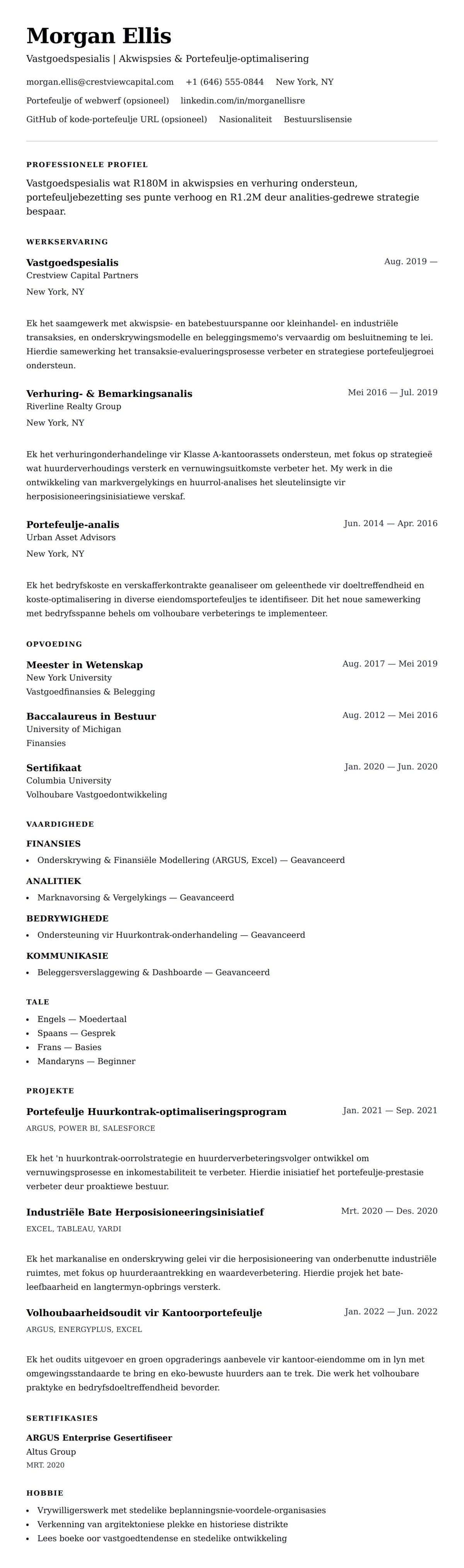 Leweensbeskrywing-vooruitskouk vir Voorbeeld van Lewensloop van Vastgoedspesialis