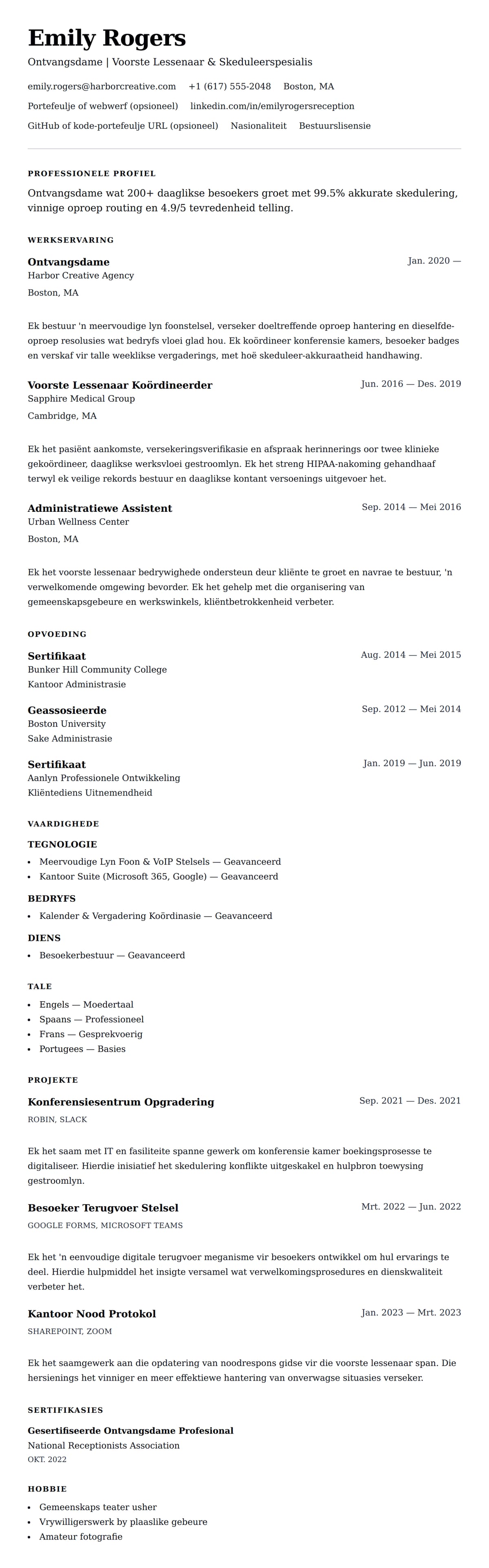 Leweensbeskrywing-vooruitskouk vir Ontvangsdame Lewensloop Voorbeeld