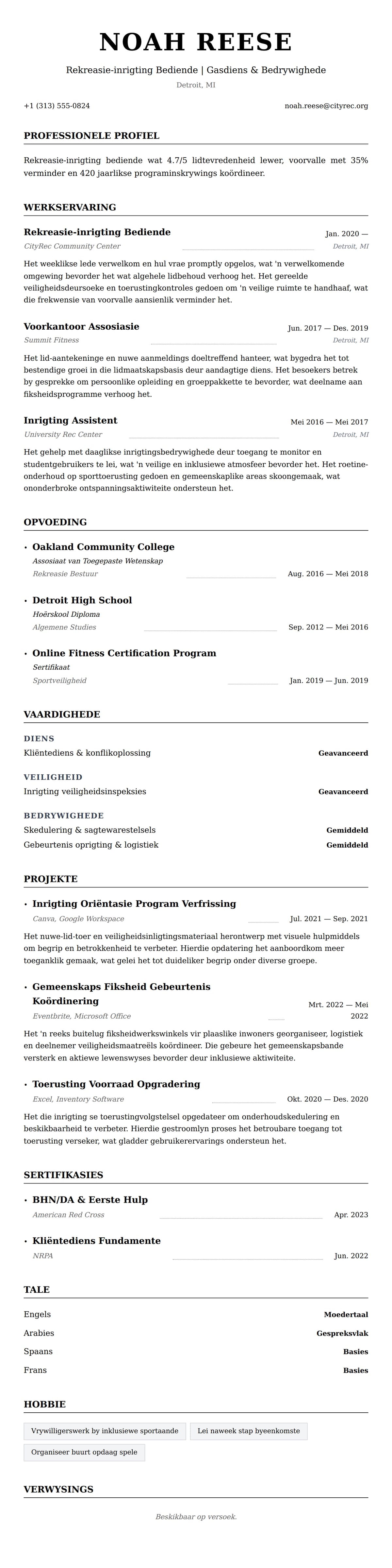 Leweensbeskrywing-vooruitskouk vir Rekreasie-inrigting Bediende Lewensloop Voorbeeld