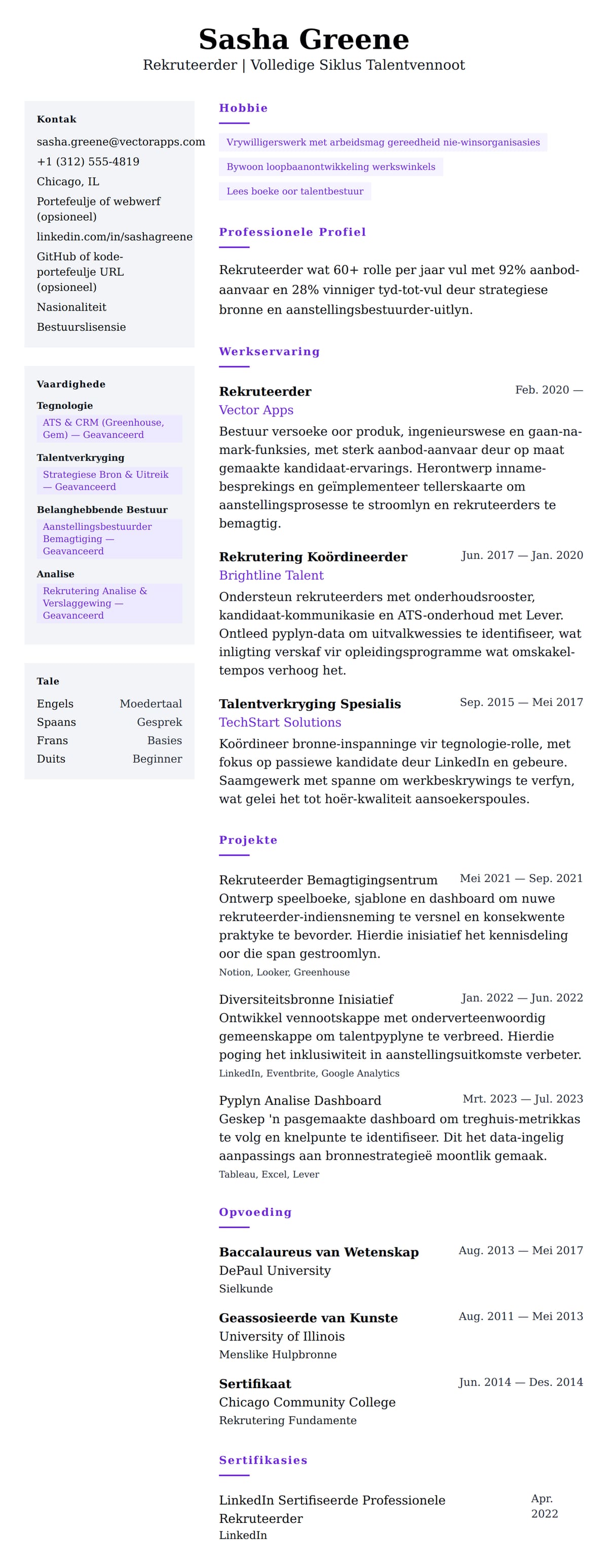 Leweensbeskrywing-vooruitskouk vir Rekruteerder Lewensloop Voorbeeld