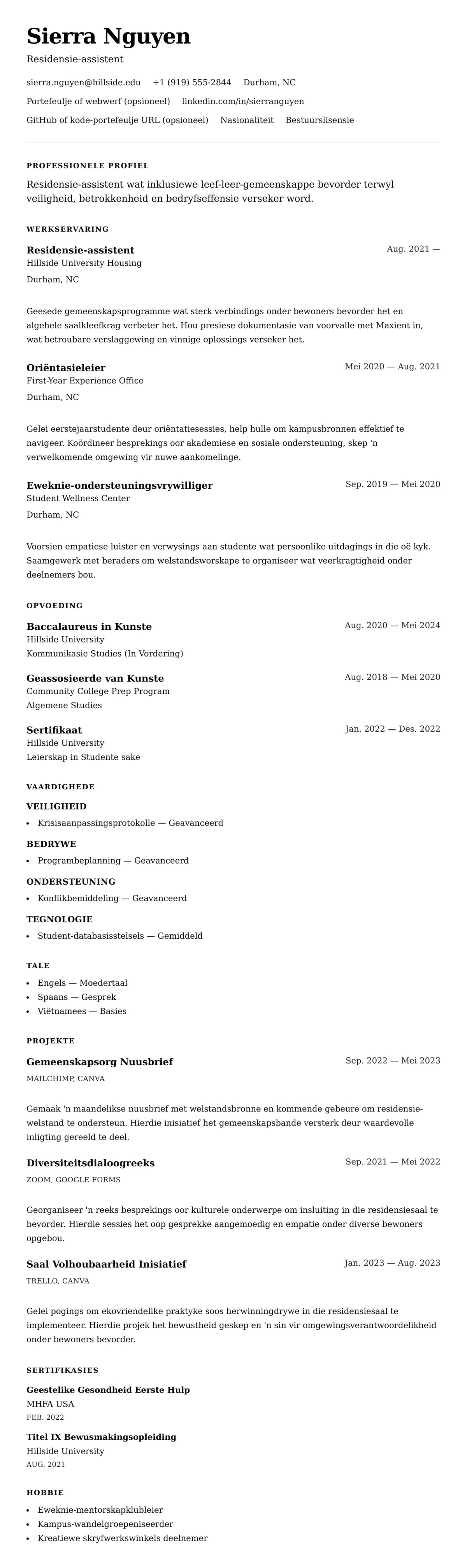 Leweensbeskrywing-vooruitskouk vir Residensie-assistent Leefyd-voorbeeld
