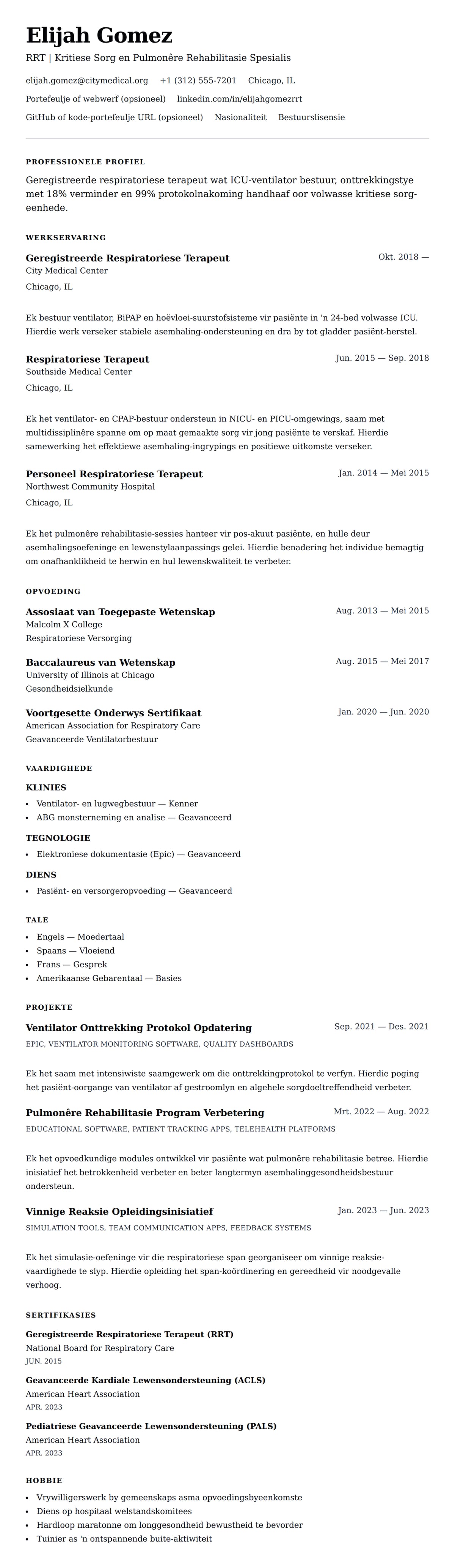 Leweensbeskrywing-vooruitskouk vir Respiratoriese Terapeut Lewensloop Voorbeeld