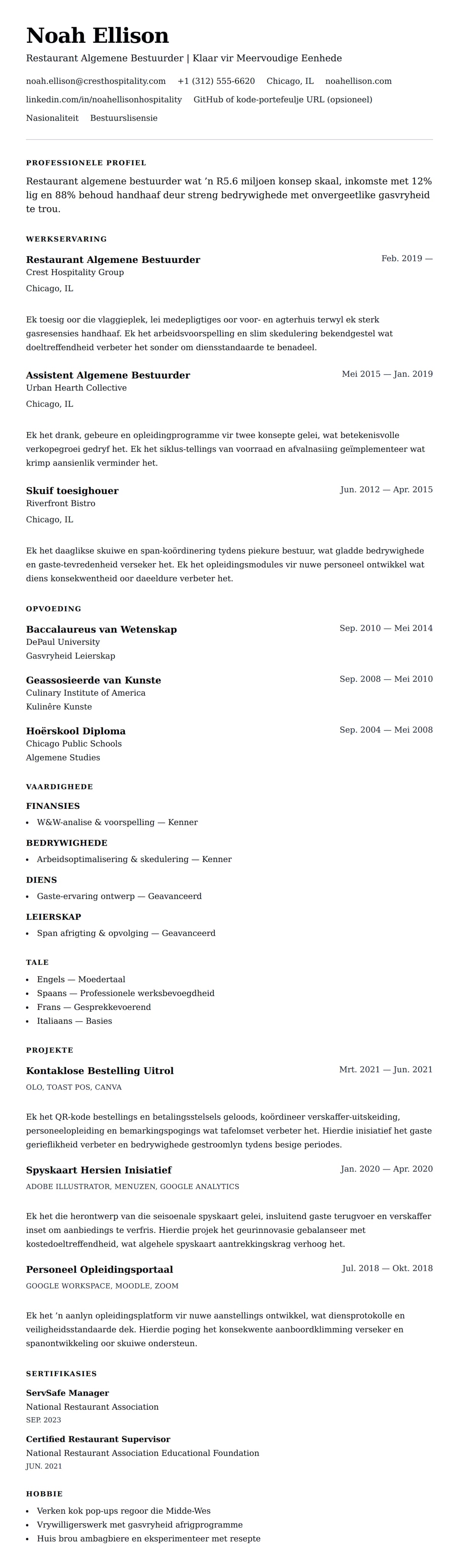 Leweensbeskrywing-vooruitskouk vir Voorbeeld van Restaurantbestuurder Lewensloop