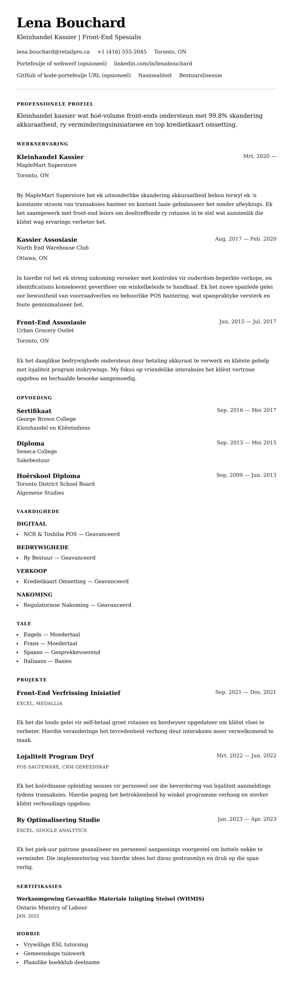 Leweensbeskrywing-vooruitskouk vir Kleinhandel Kassier Lewensloop Voorbeeld