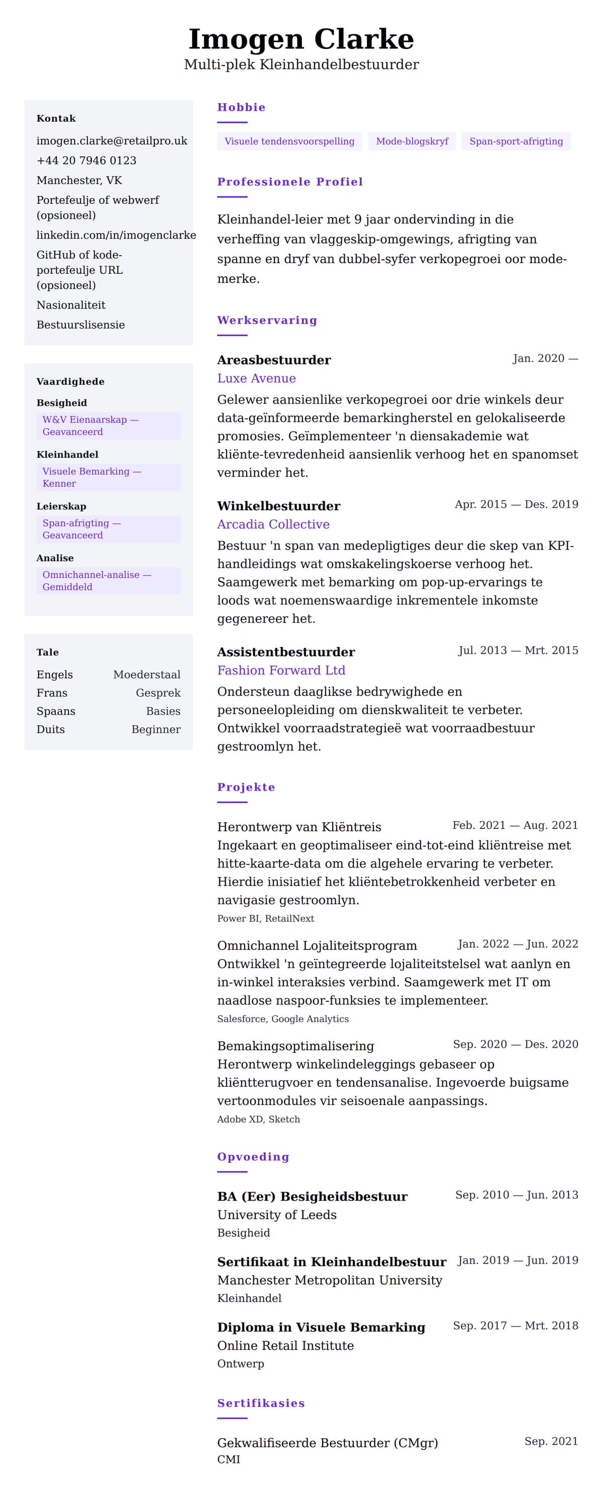 Leweensbeskrywing-vooruitskouk vir Voorbeeld van Kleinhandelbestuurder se Lewensloop