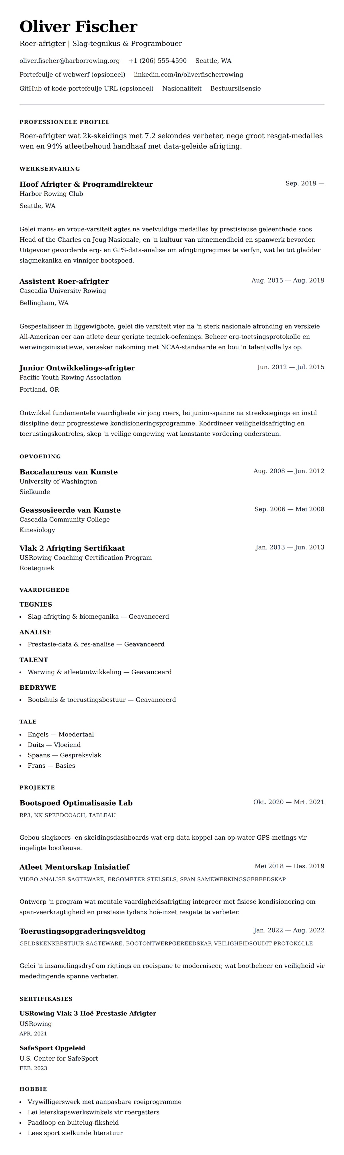 Leweensbeskrywing-vooruitskouk vir Roer-afrigter Leweensbeskrywing Voorbeeld