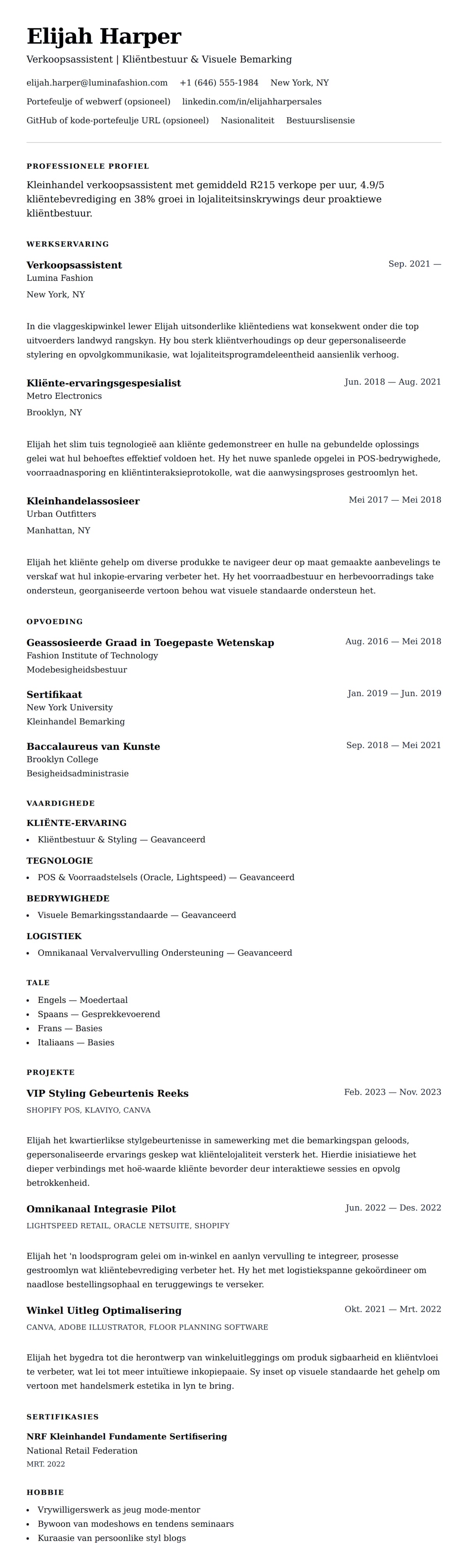 Leweensbeskrywing-vooruitskouk vir Verkoopsassistent Lewensloopbaan Voorbeeld