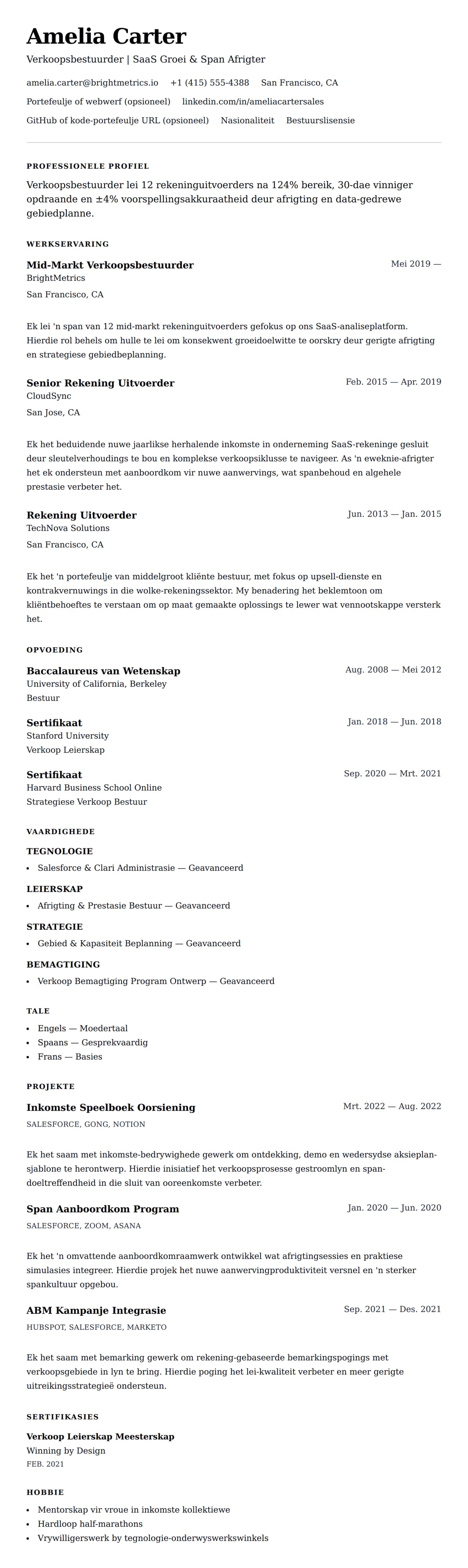 Leweensbeskrywing-vooruitskouk vir Verkoopsbestuurder Lewensloop Voorbeeld
