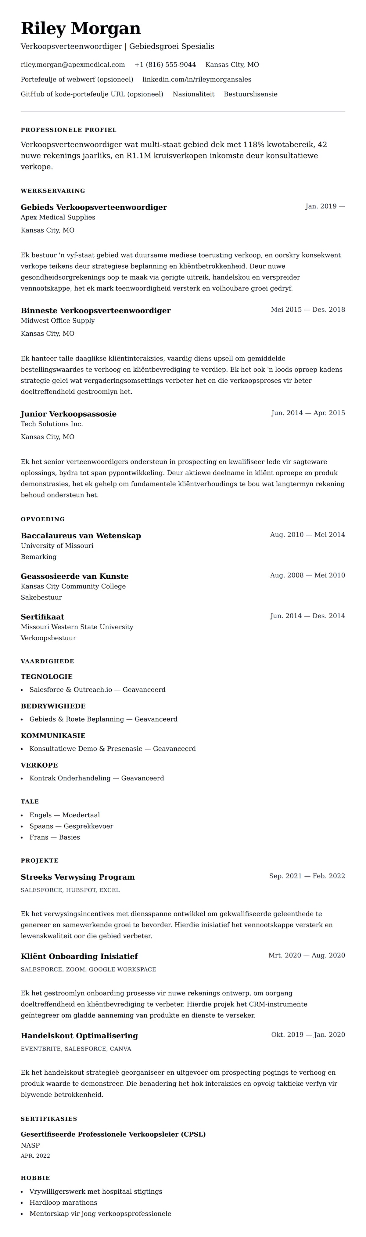 Leweensbeskrywing-vooruitskouk vir Verkoopsverteenwoordiger CV Voorbeeld