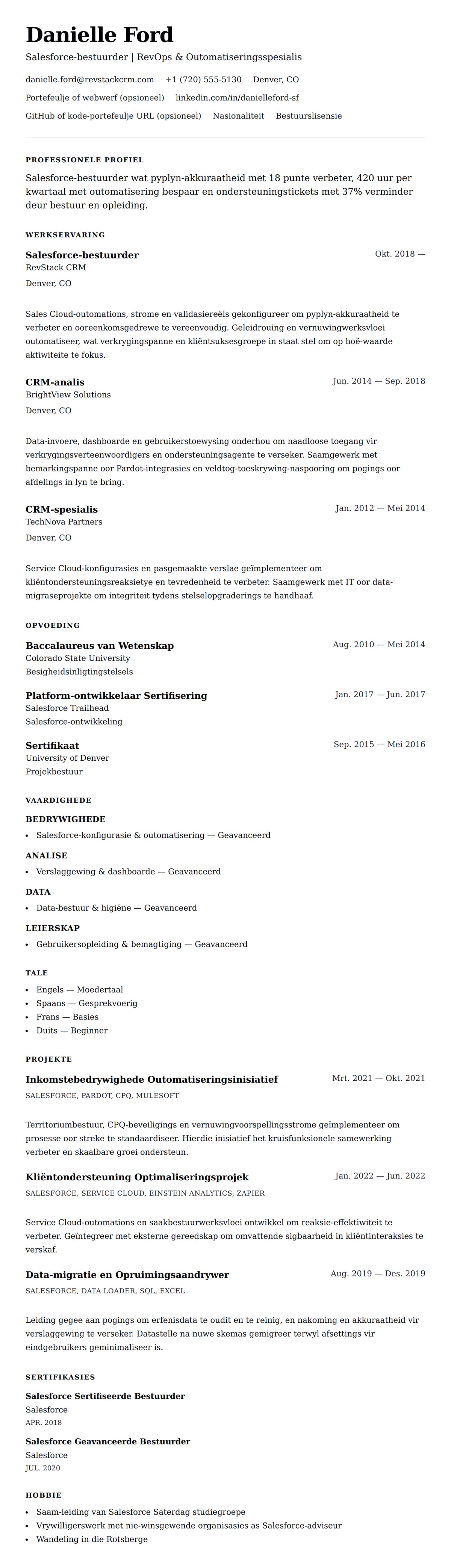 Leweensbeskrywing-vooruitskouk vir Salesforce Bestuurder CV Voorbeeld