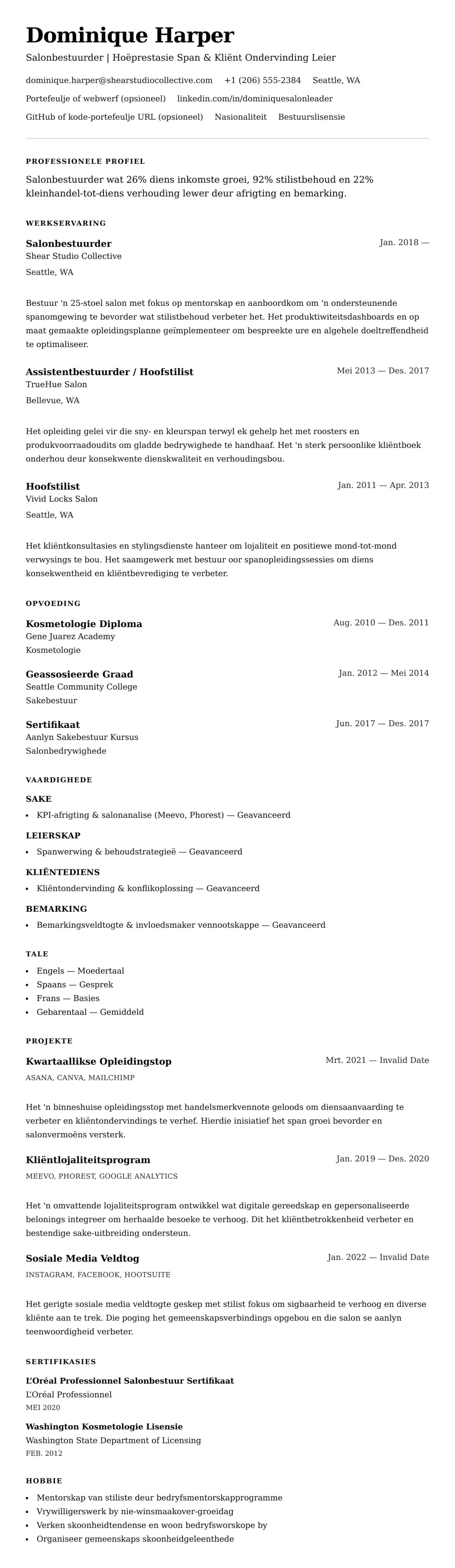 Leweensbeskrywing-vooruitskouk vir Salonbestuurder Lewensloop Voorbeeld