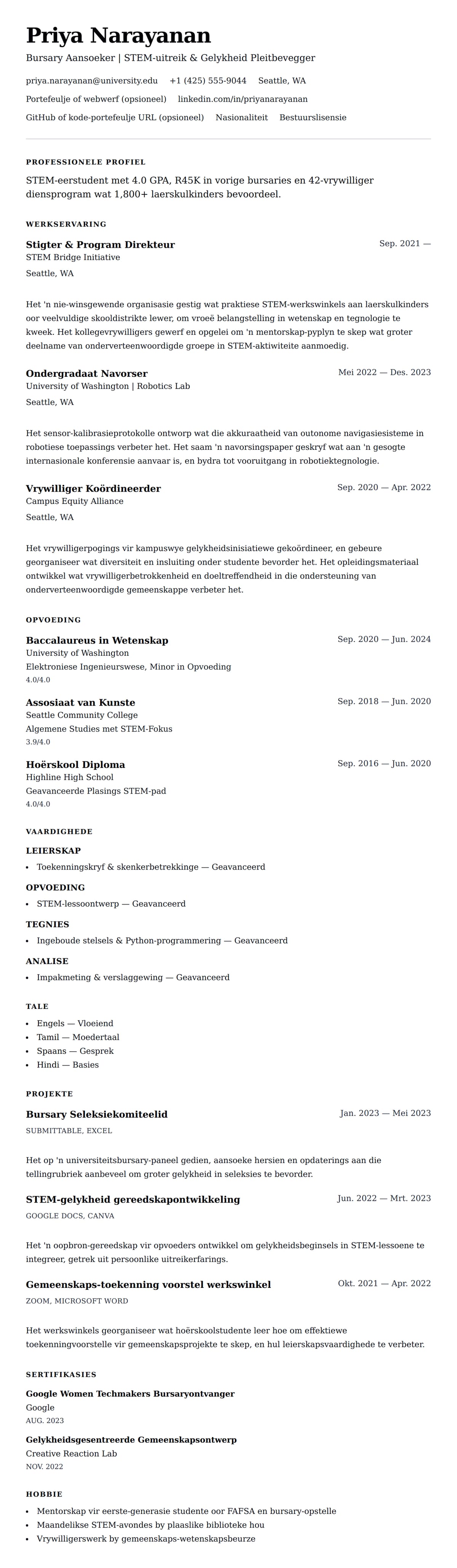 Leweensbeskrywing-vooruitskouk vir Bursary CV Voorbeeld