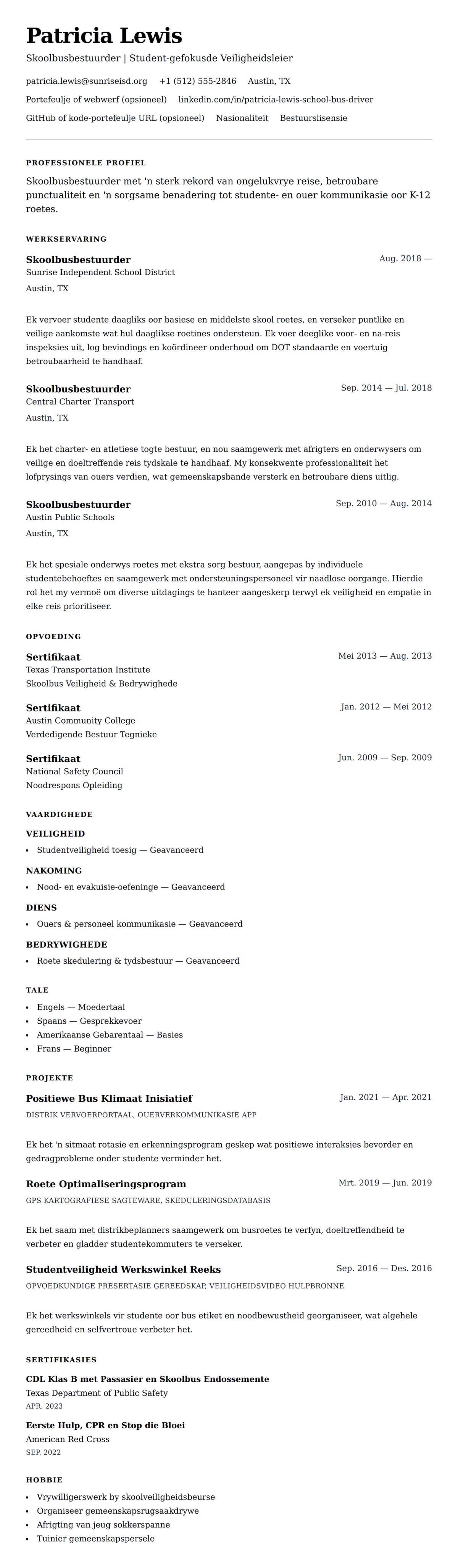 Leweensbeskrywing-vooruitskouk vir Skoolbusbestuurder Lêer Voorbeeld