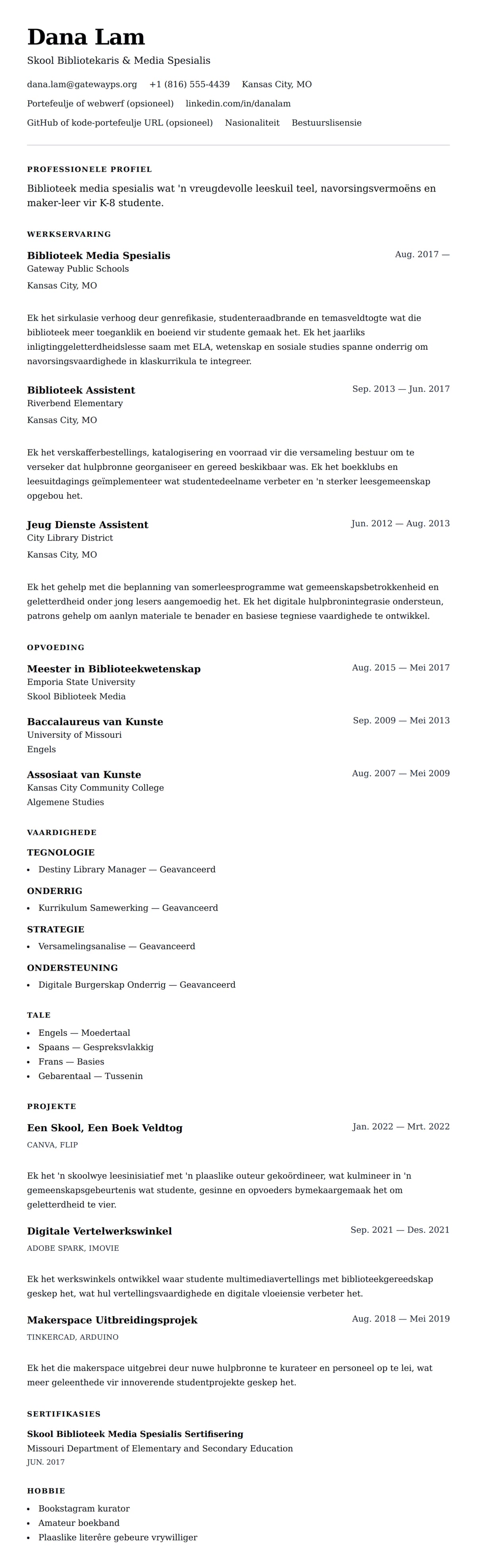 Leweensbeskrywing-vooruitskouk vir Bibliotekaris Lewensloop Voorbeeld