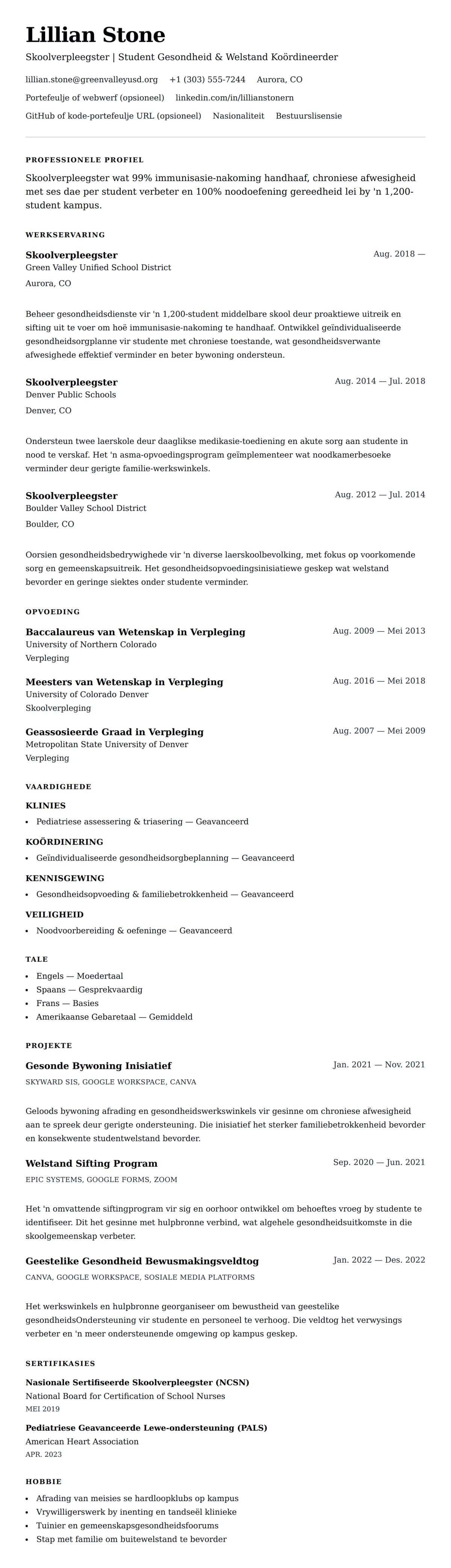 Leweensbeskrywing-vooruitskouk vir Skoolverpleegster Lewensloop Voorbeeld