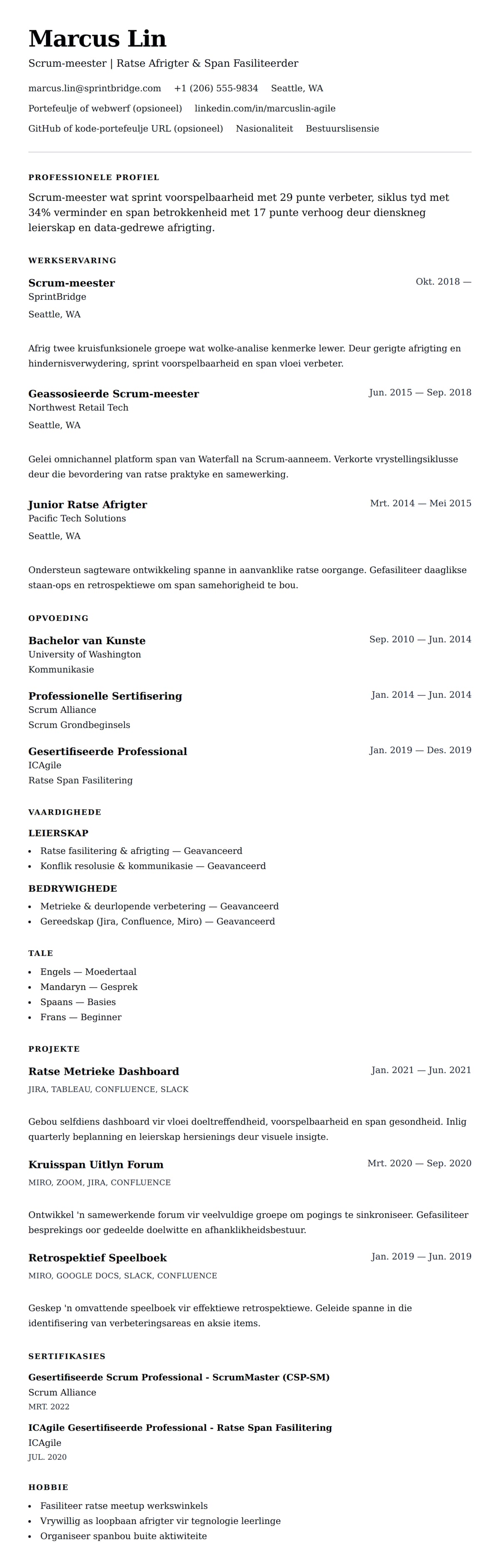 Leweensbeskrywing-vooruitskouk vir Scrum-meester Lewensloop Voorbeeld