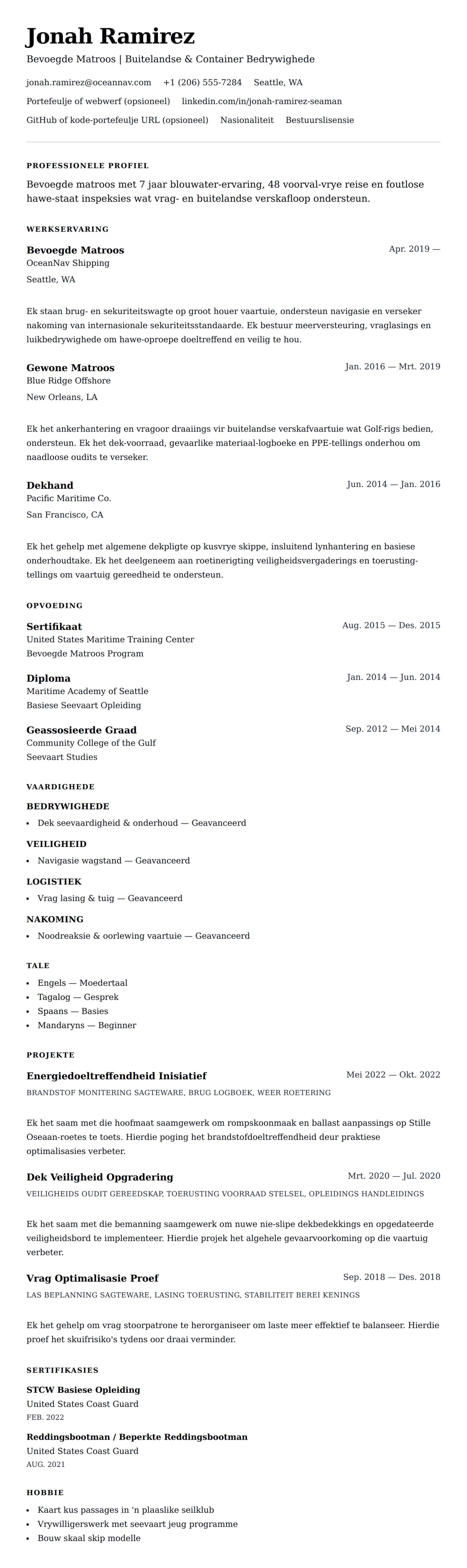 Leweensbeskrywing-vooruitskouk vir Matroos Lewensloop Voorbeeld