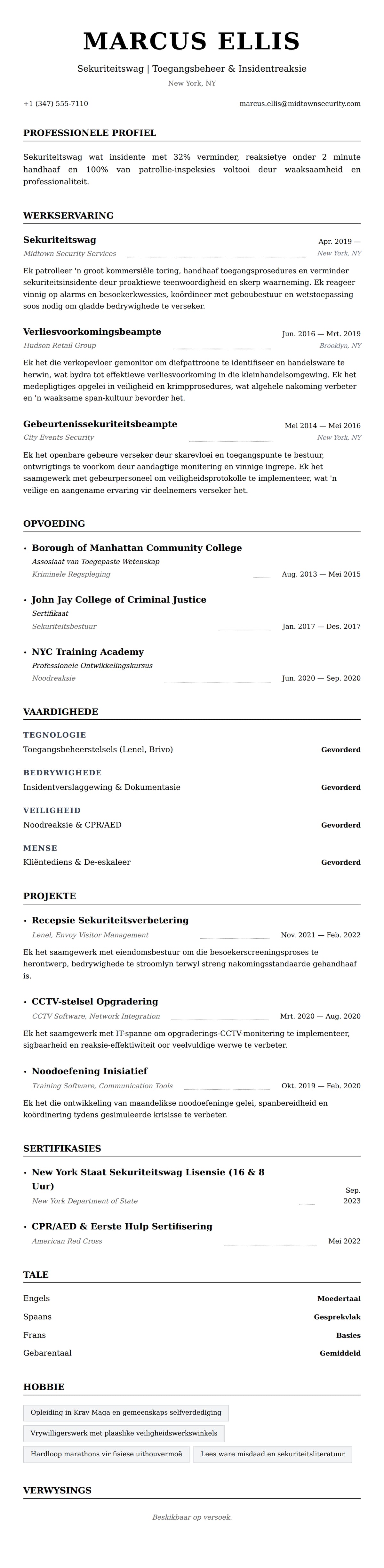 Leweensbeskrywing-vooruitskouk vir Voorbeeld van Sekuriteitswag se CV