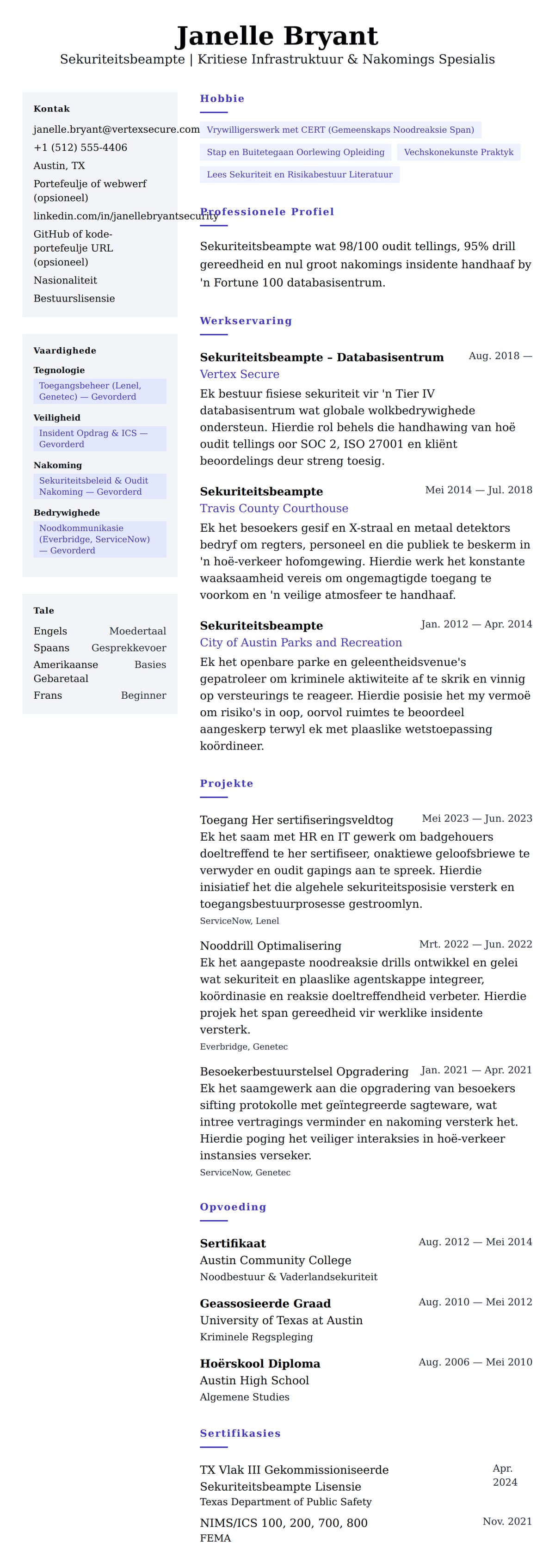 Leweensbeskrywing-vooruitskouk vir Sekuriteitsbeampte Lewensloop Voorbeeld