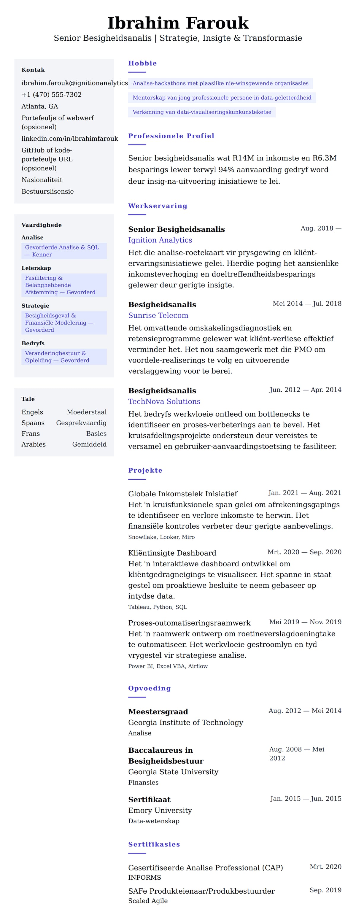 Leweensbeskrywing-vooruitskouk vir Senior Besigheidsanalis Leweenskrif Voorbeeld
