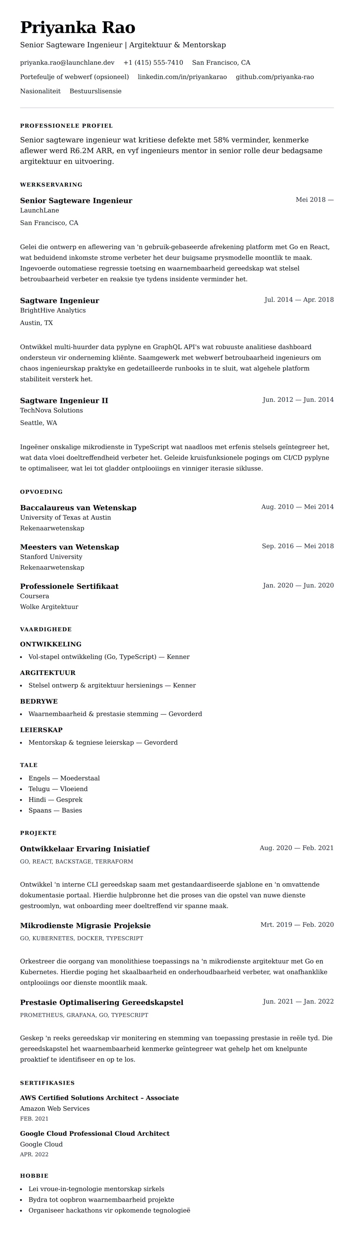 Leweensbeskrywing-vooruitskouk vir Senior Sagteware Ingenieur Leweensbeskrywing Voorbeeld