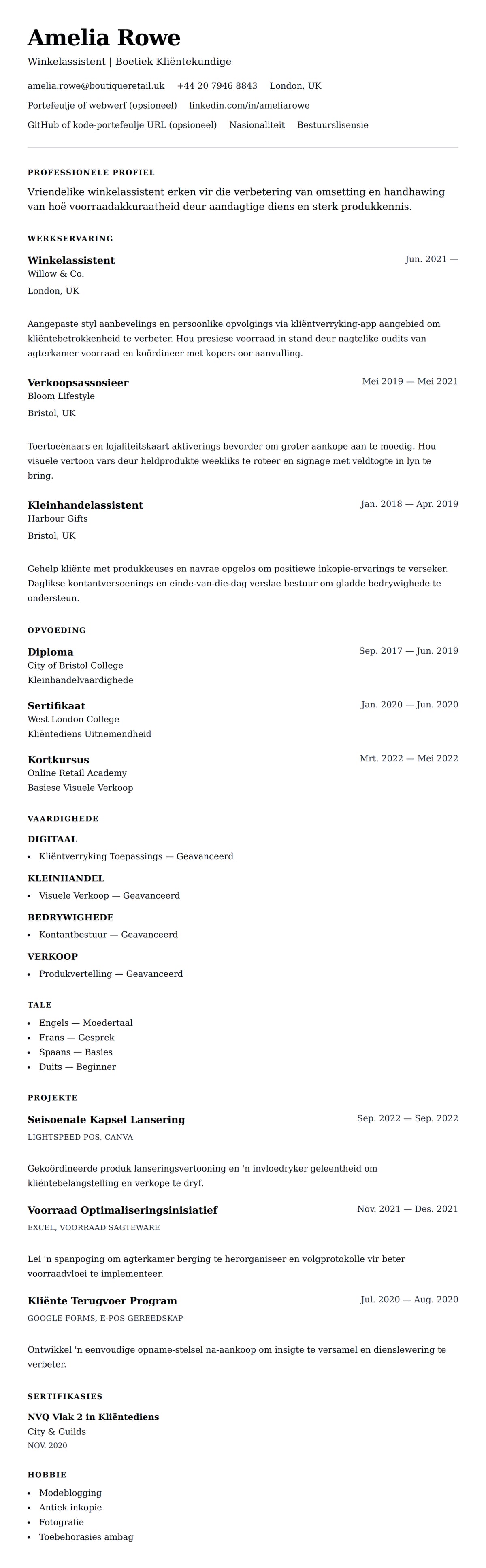 Leweensbeskrywing-vooruitskouk vir Winkelassistent Leweensbeskrywing Voorbeeld