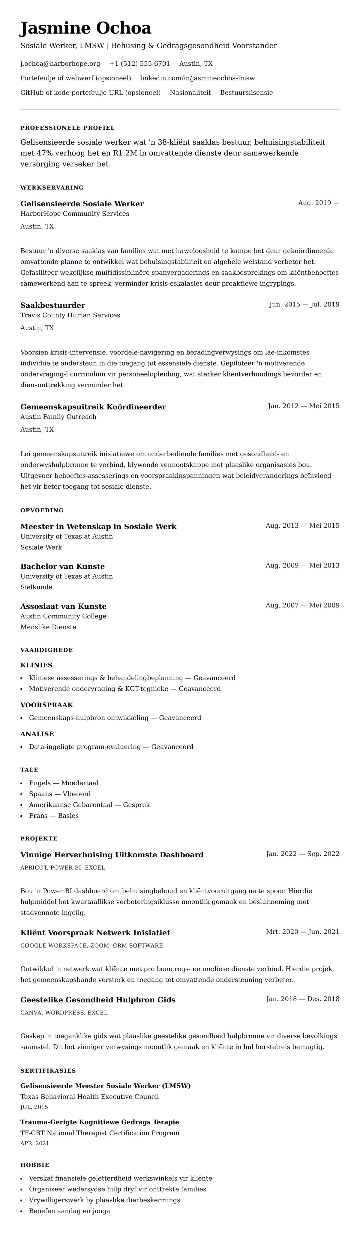 Leweensbeskrywing-vooruitskouk vir Sosiale Werker Lewensloop Voorbeeld