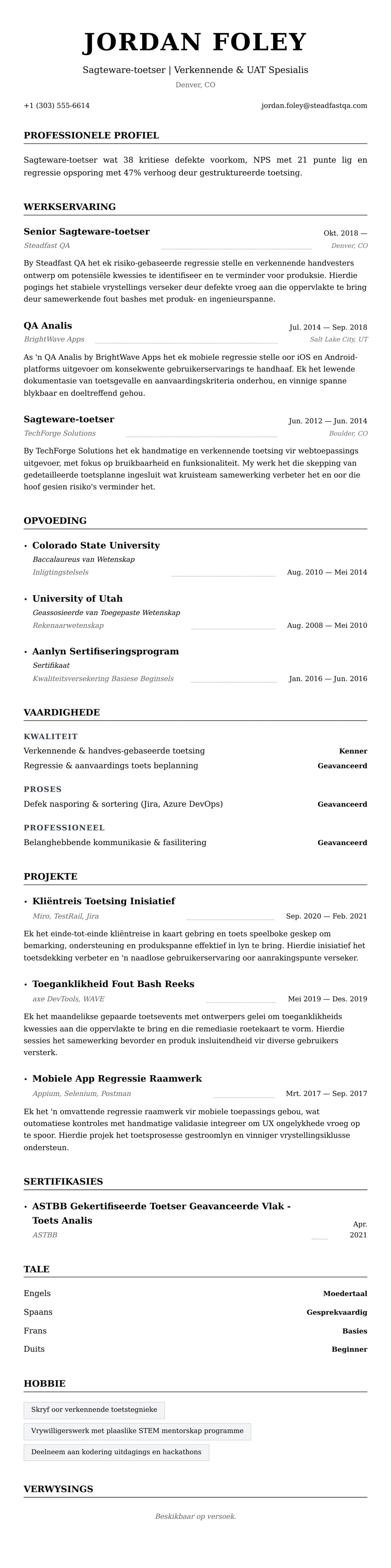Leweensbeskrywing-vooruitskouk vir Sagteware-toetser Lewensloop Voorbeeld