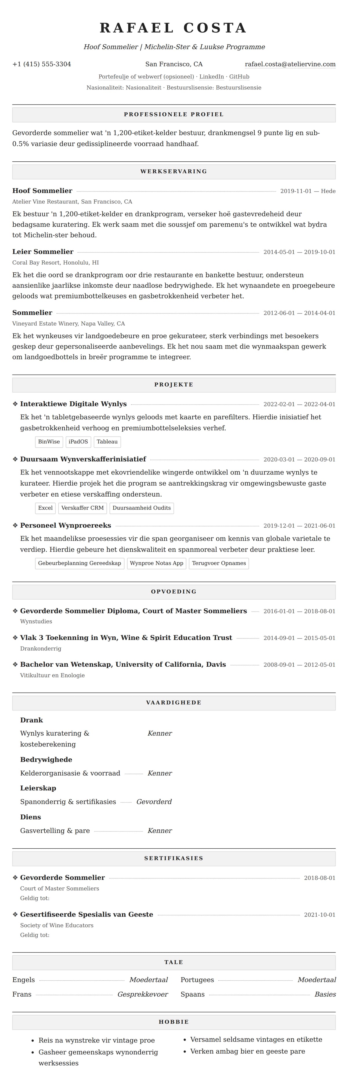 Leweensbeskrywing-vooruitskouk vir Sommelier Lewensloop Voorbeeld