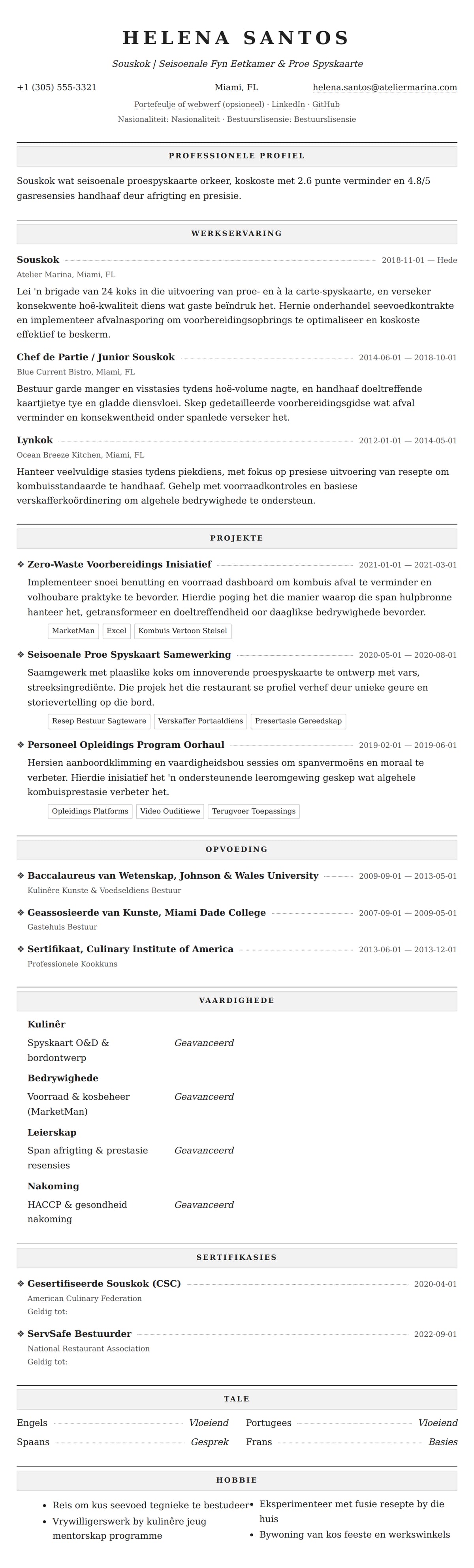 Leweensbeskrywing-vooruitskouk vir Souskok Lewensloop Voorbeeld