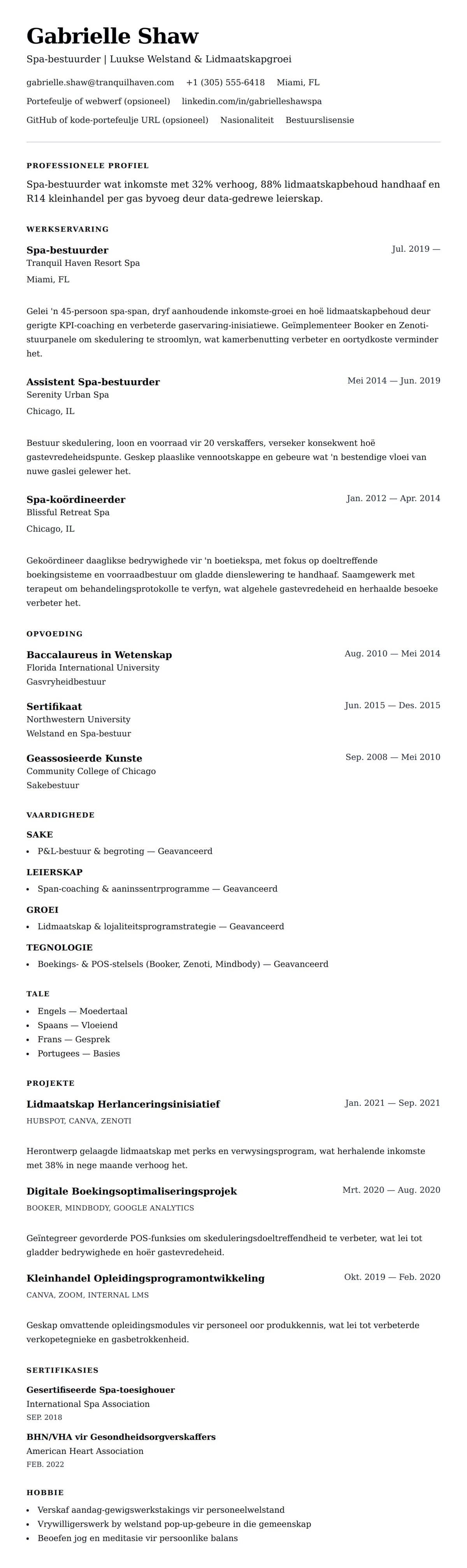 Leweensbeskrywing-vooruitskouk vir Spa-bestuurder CV-voorbeeld