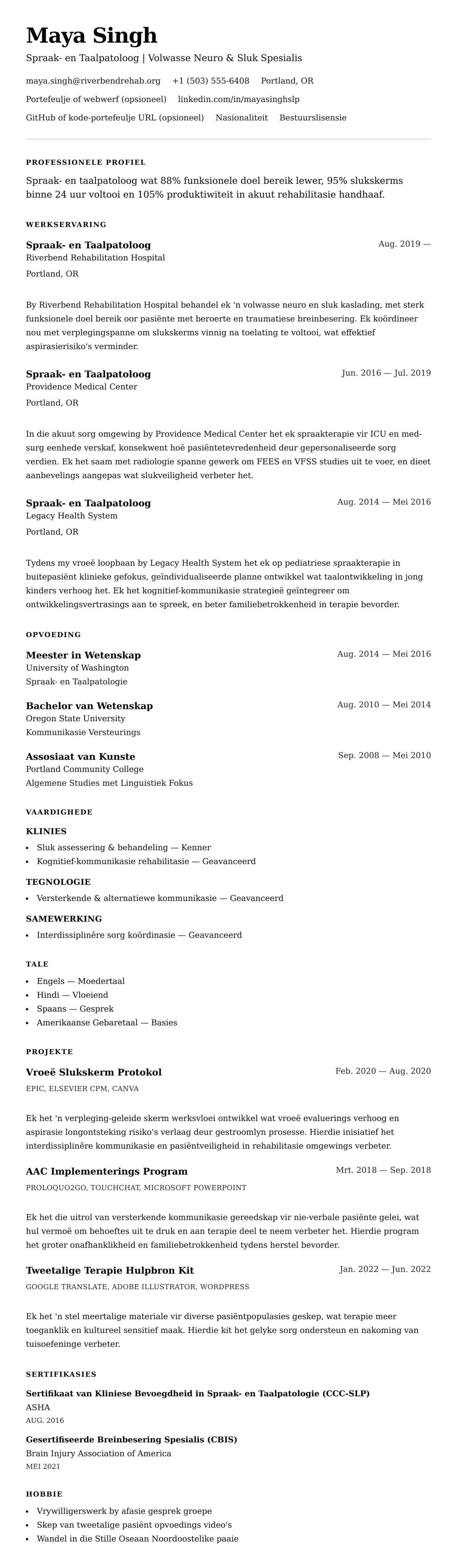 Leweensbeskrywing-vooruitskouk vir Spraak- en Taalpatoloog (STP) Lewensloop Voorbeeld