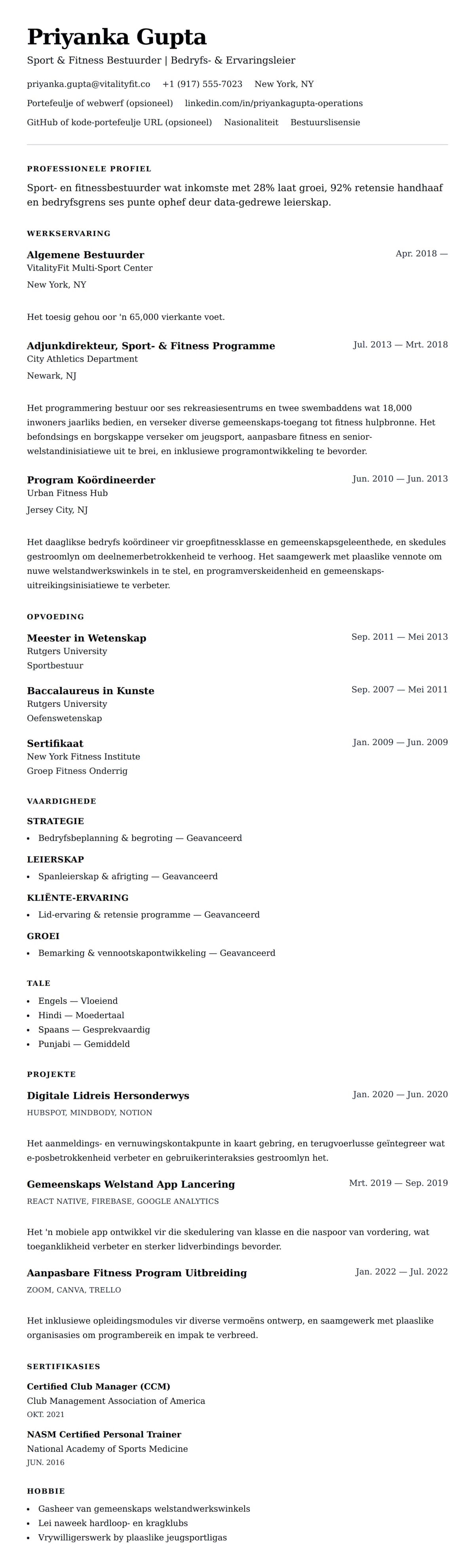 Leweensbeskrywing-vooruitskouk vir Sport en Fitness Bestuurder Lewensloop Voorbeeld