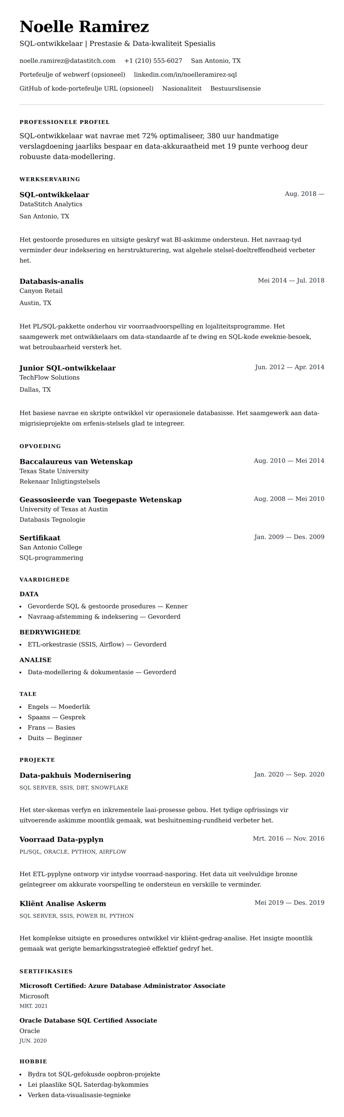 Leweensbeskrywing-vooruitskouk vir SQL-ontwikkelaar Leefweë Voorbeeld