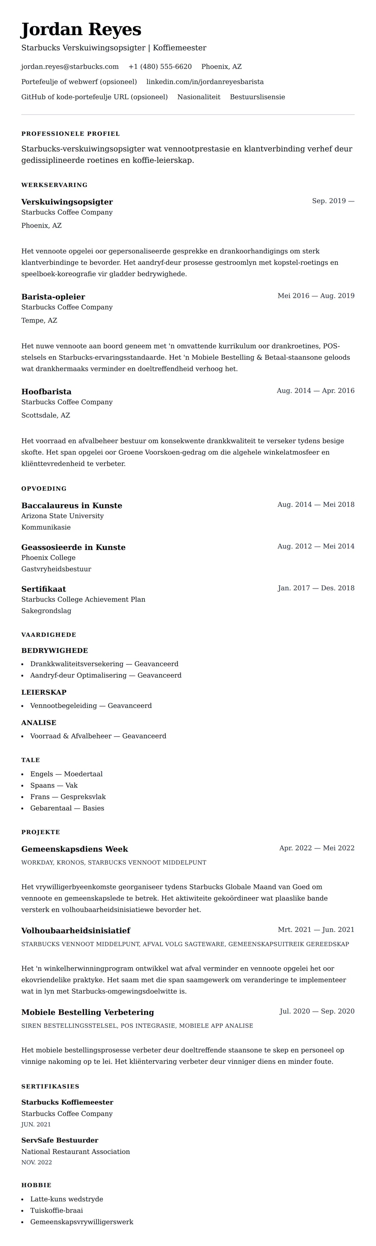 Leweensbeskrywing-vooruitskouk vir Starbucks Verskuiwingsopsigter Lewensloop Voorbeeld