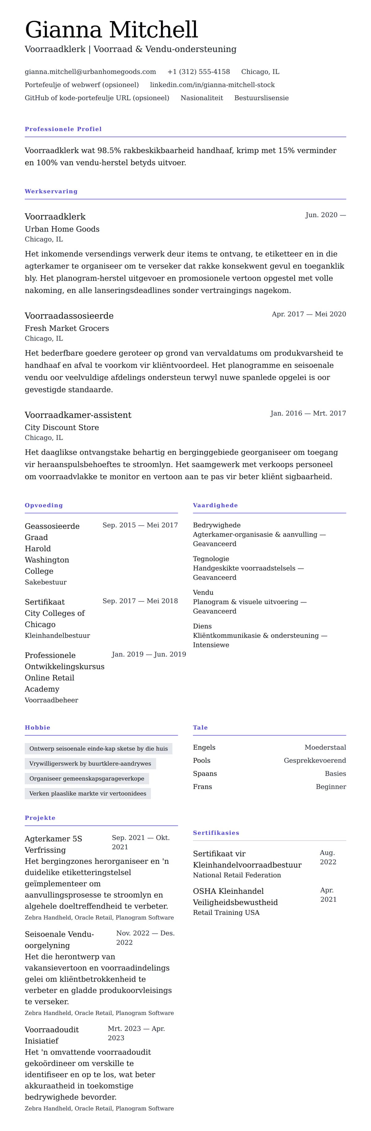 Leweensbeskrywing-vooruitskouk vir Voorraadklerk Lewensloop Voorbeeld