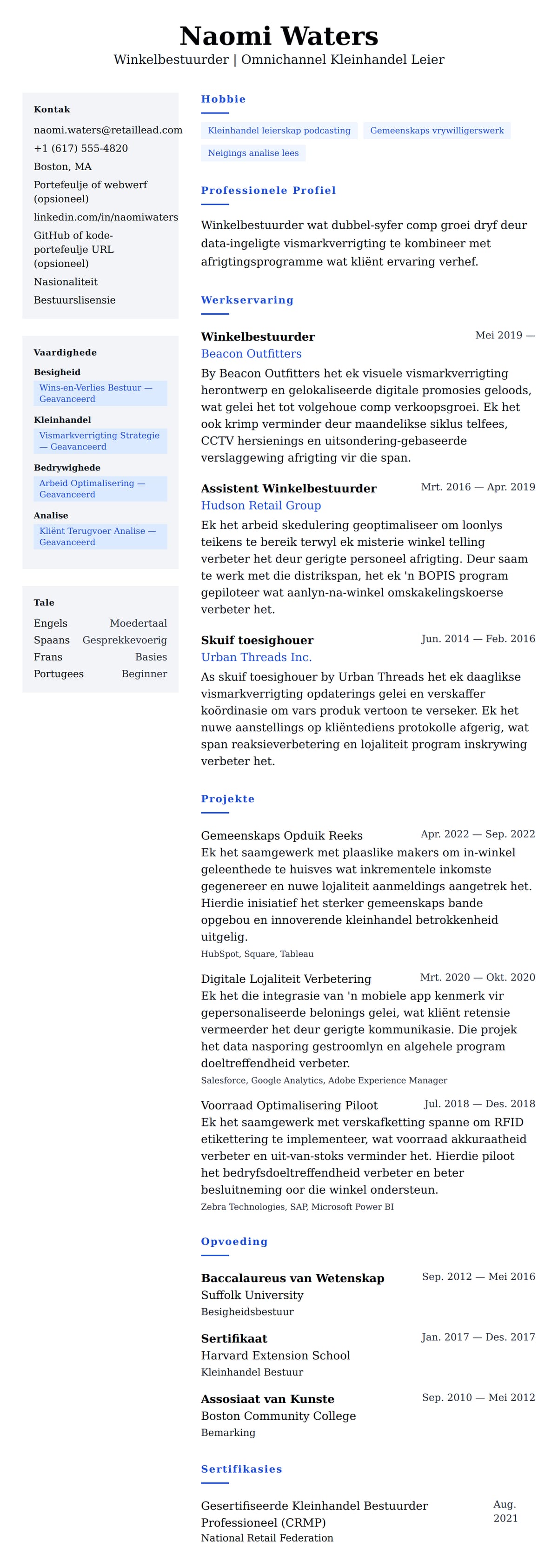 Leweensbeskrywing-vooruitskouk vir Winkelbestuurder Leefvoorskot Voorbeeld