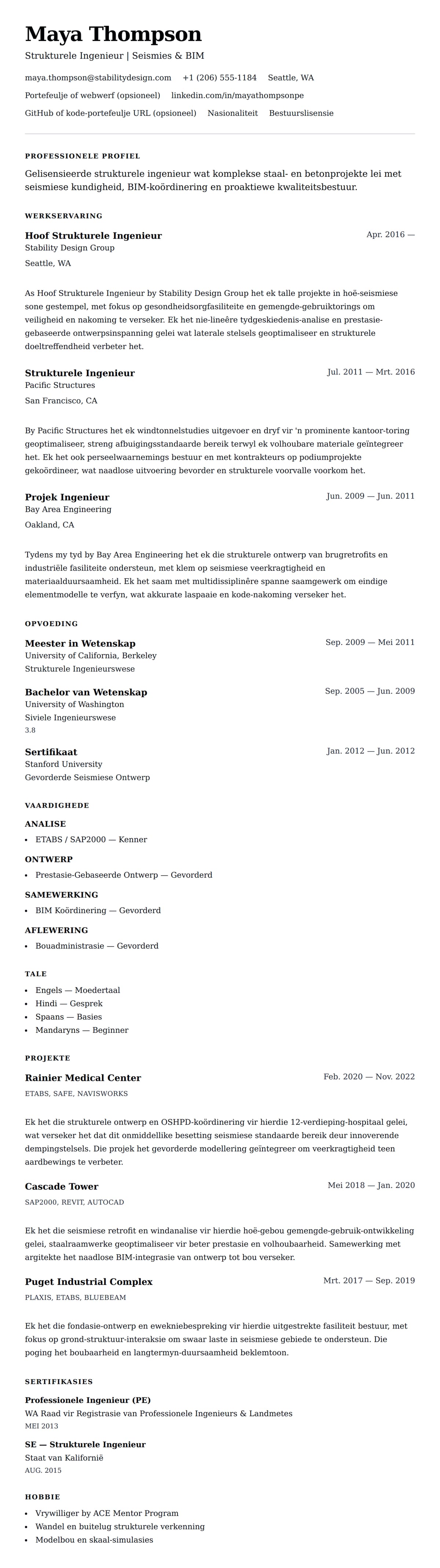 Leweensbeskrywing-vooruitskouk vir Voorbeeld van 'n Strukturele Ingenieur se CV