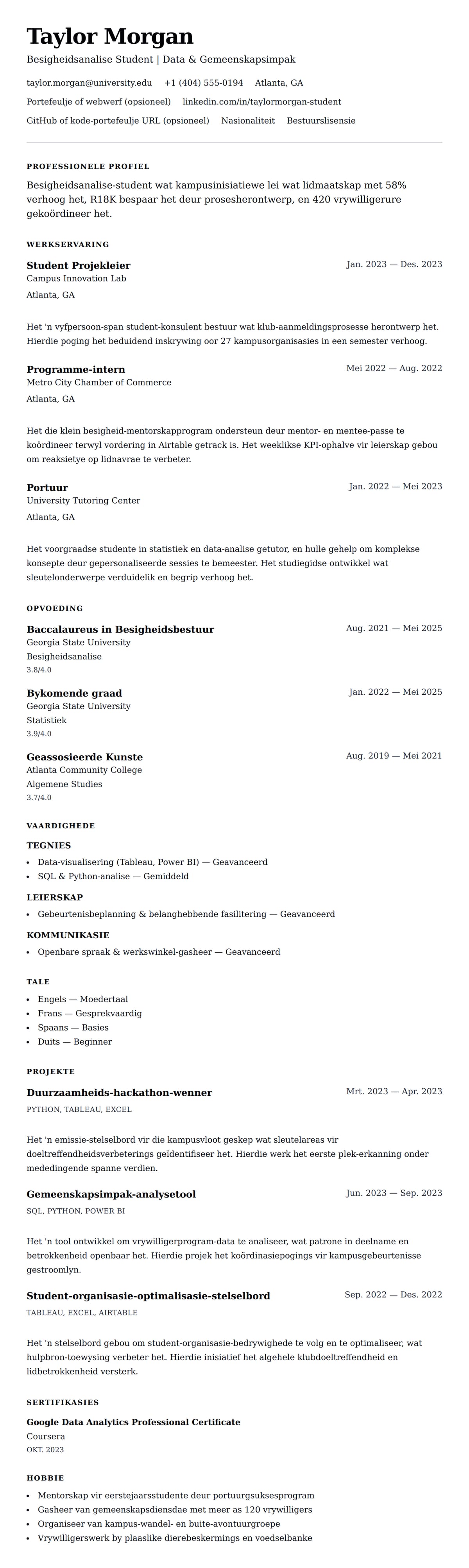 Leweensbeskrywing-vooruitskouk vir Student CV-voorbeeld