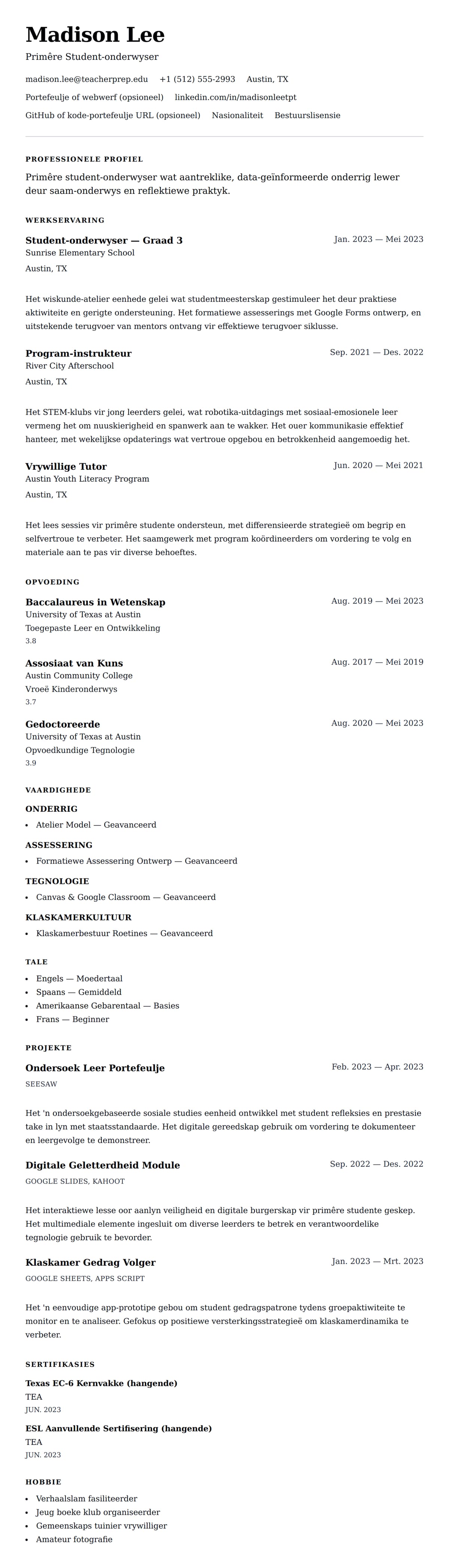 Leweensbeskrywing-vooruitskouk vir Student-onderwyser Lewensloop-voorbeeld