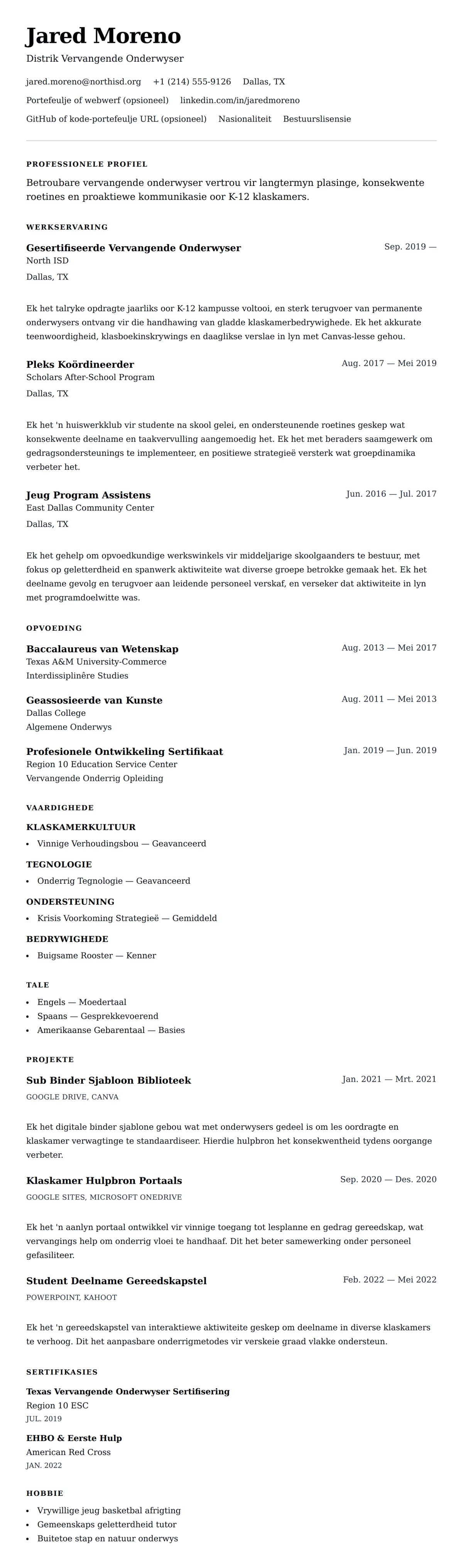 Leweensbeskrywing-vooruitskouk vir Voorbeeld van Vervangende Onderwyser Lewensloop