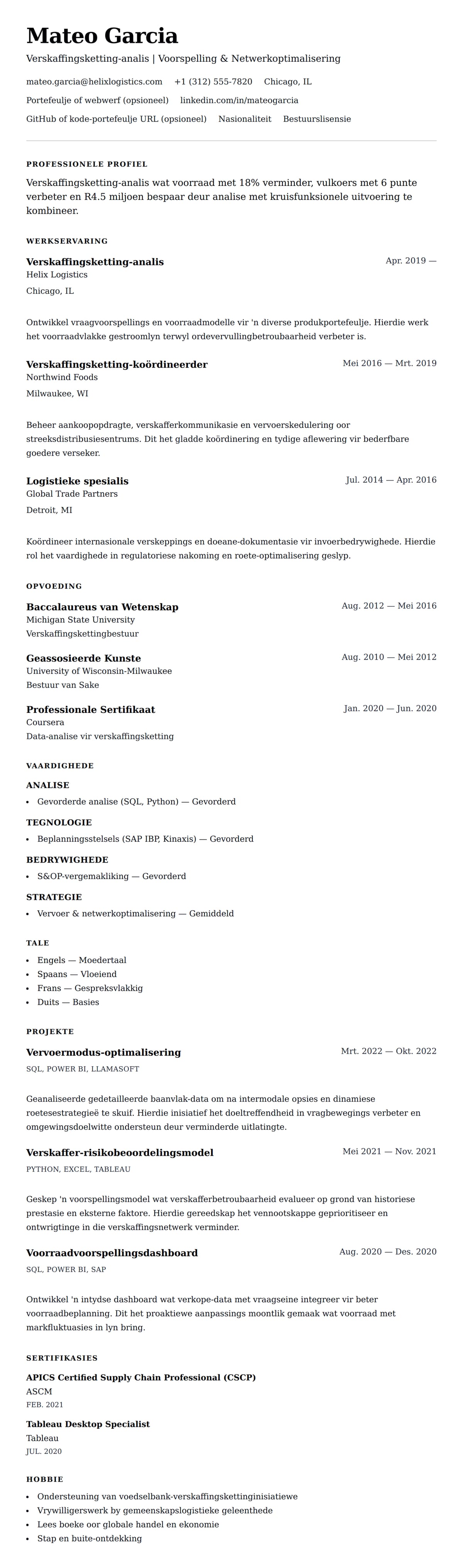 Leweensbeskrywing-vooruitskouk vir Verskaffingsketting-analis CV-voorbeeld