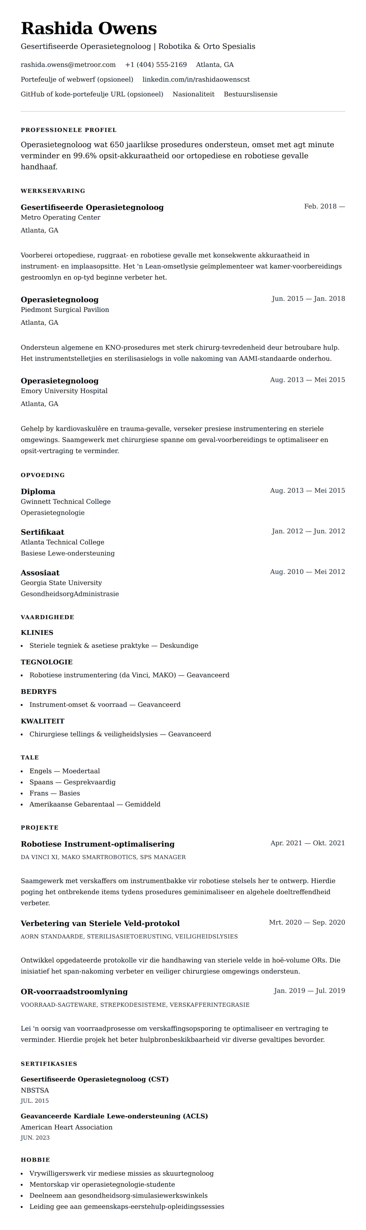 Leweensbeskrywing-vooruitskouk vir Voorbeeld van Lewensloop vir Operasietegnoloog