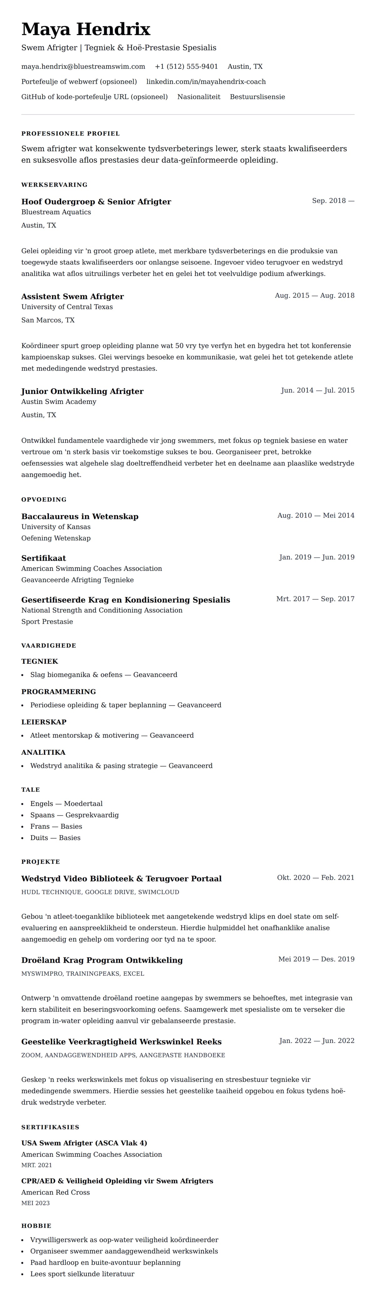 Leweensbeskrywing-vooruitskouk vir Swem Afrigter Lewensloop Voorbeeld