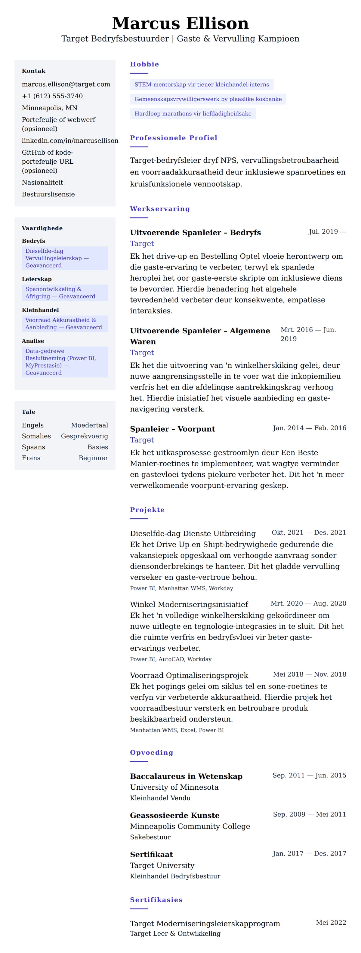 Leweensbeskrywing-vooruitskouk vir Target Bedryfsbestuurder Lewewerksbrief Voorbeeld