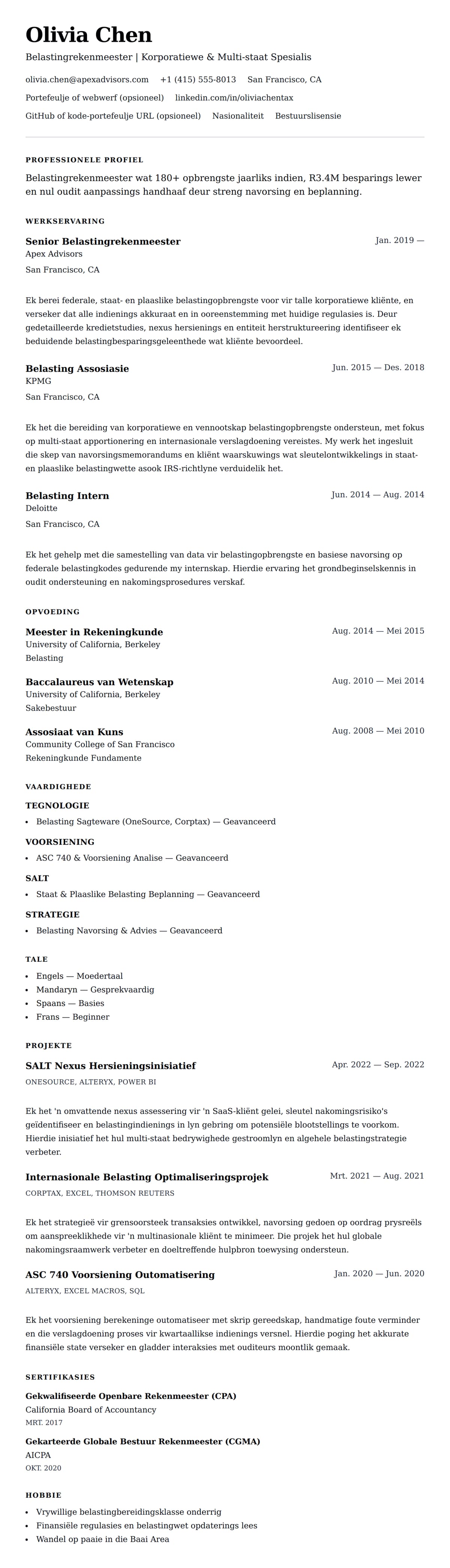 Leweensbeskrywing-vooruitskouk vir Belastingrekenmeester Lewensloop Voorbeeld